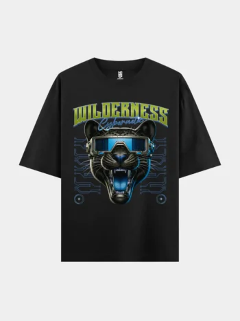 Model wearing Wilderness Cybernetic T-Shirt styled with purple pants