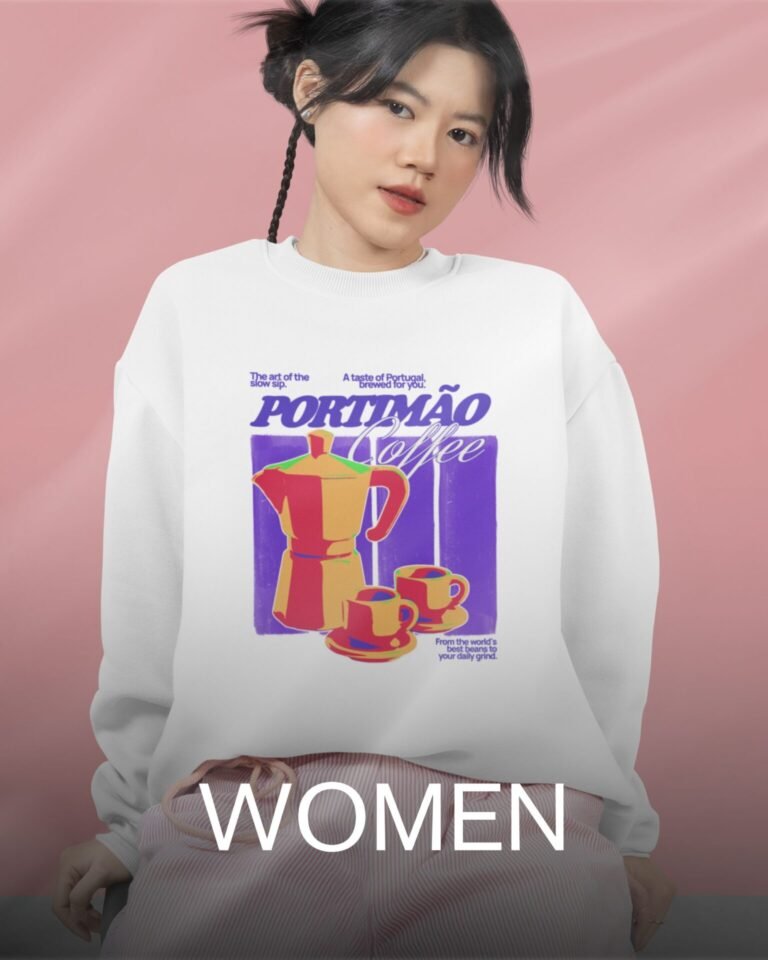 Bonstyl women's white Portimão coffee print sweatshirt with colorful moka pot and cups graphic on pastel pink background