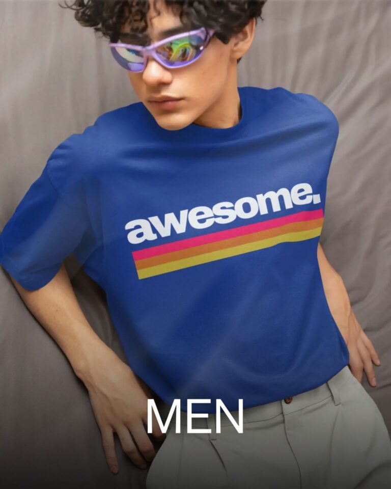Bonstyl men's blue awesome slogan t-shirt with retro rainbow stripes styled with sunglasses
