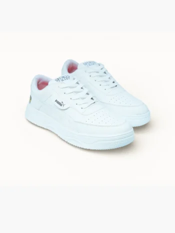 Pair of white low-top casual sneakers for men with perforated toe and sculpted white midsole, angled front view.