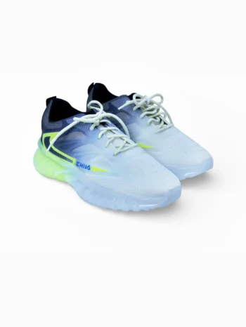 Pair of ice blue mesh running sneakers for men with navy overlays and transparent wavy sole, front angled view.