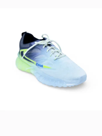 Single ice blue mesh running sneaker for men with lime accents and transparent sole, angled view.​