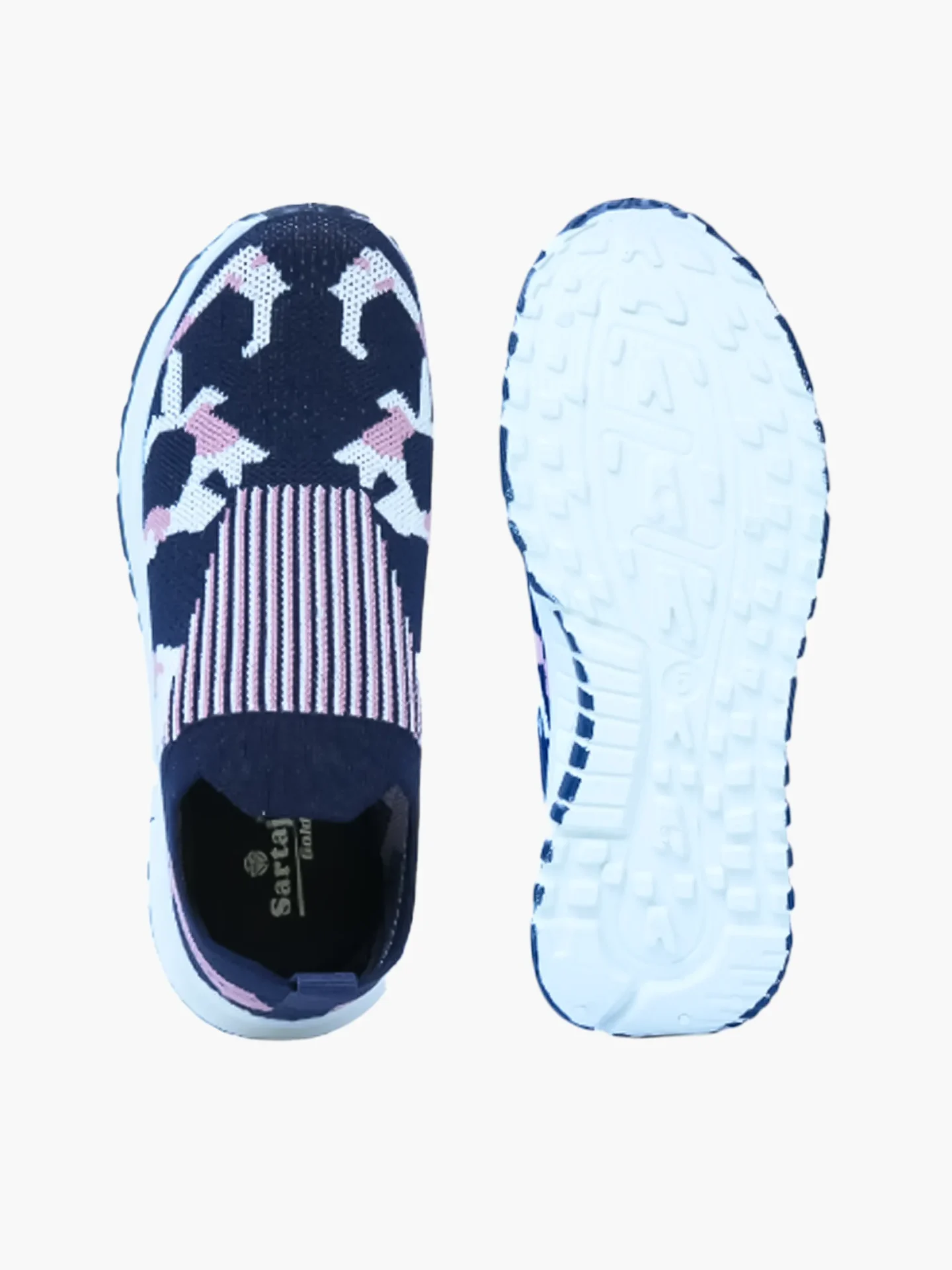 Women’s navy slip‑on sport shoes top and sole view Top view and outsole view of women’s navy slip‑on sport shoes with patterned knit upper and white‑blue traction sole.