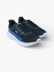Pair of adult black sport running shoes with black mesh, lace‑up front and lightweight white outsole.