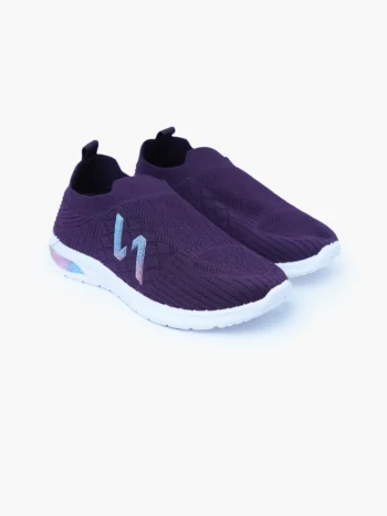 Pair of purple knit slip-on walking shoes for women with white cushioned soles and gradient accents.