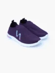 Pair of purple knit slip-on walking shoes for women with white cushioned soles and gradient accents.