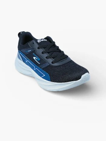 Black sport running shoe for adults with mesh upper, blue side detail and white cushioned sole, angled front view.