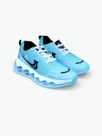 Pair of blue mesh sports running shoes for men with white laces and transparent cushioned soles in front angle.
