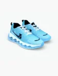 Pair of blue mesh sports running shoes for men with white laces and transparent cushioned soles in front angle.
