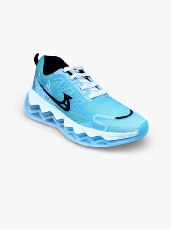 Blue mesh sports running shoe for men with white laces and transparent cushioned outsole in front-side view.