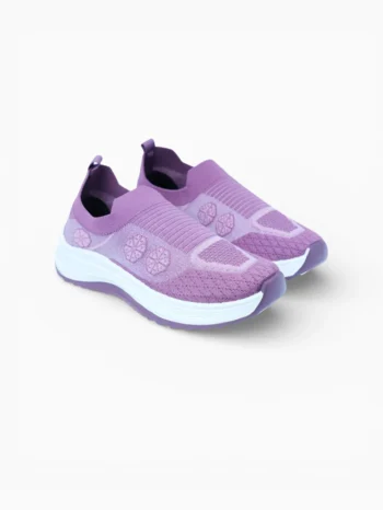 Pair of women’s lilac slip‑on walking shoes with knit uppers and white cushioned soles, angled view.