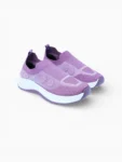 Pair of women’s lilac slip‑on walking shoes with knit uppers and white cushioned soles, angled view.