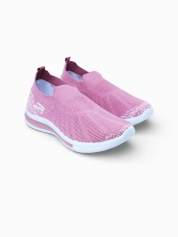 Front angled pink knit slip-on sneakers for women with glitter mesh and bold pink vibrancy