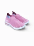 Front angled pink knit slip-on sneakers for women with glitter mesh and bold pink vibrancy