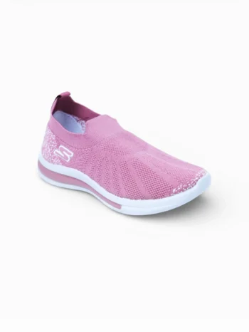 Overhead pink knit slip-on sneakers for women revealing weave details and white sole traction