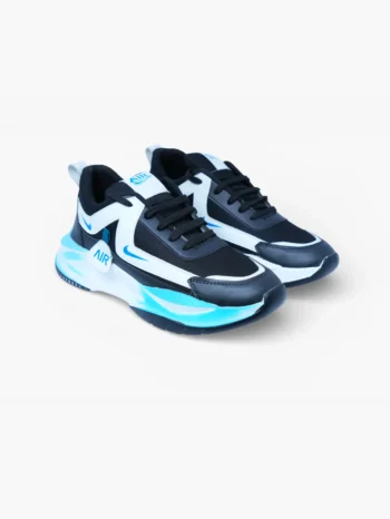 Pair of black and blue men’s lace-up sports sneakers with layered upper and chunky AIR-style sole, front angled view.