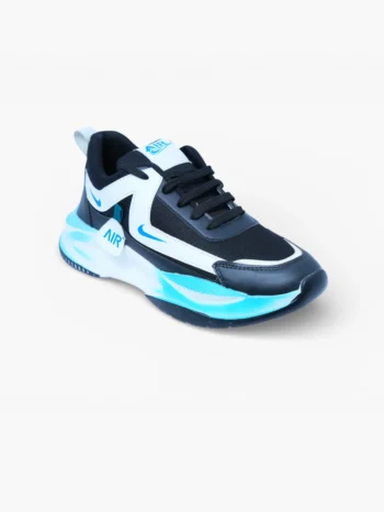Single black and blue men’s lace-up sports sneaker with white overlays and blue chunky midsole, angled front view.