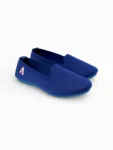 Navy blue knit ballet flats for women in dynamic duo pose