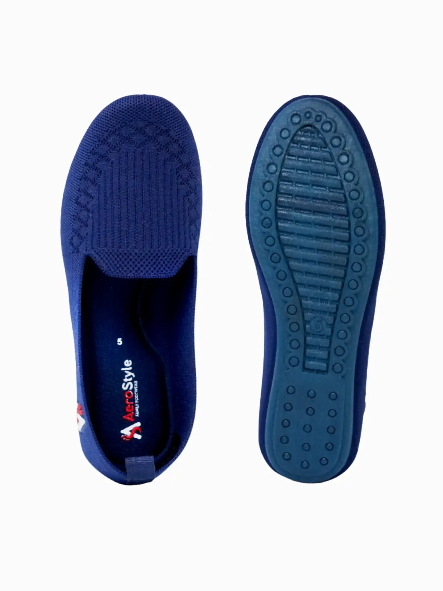 Navy blue knit ballet flats for women sole and surface symphony Top and sole composition navy blue knit ballet flats for women with patterned outsole innovation.