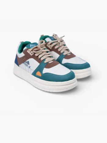 Pair of multicolor casual sneakers for men with teal mudguard, tan eyestay and off‑white sole, front angled view.