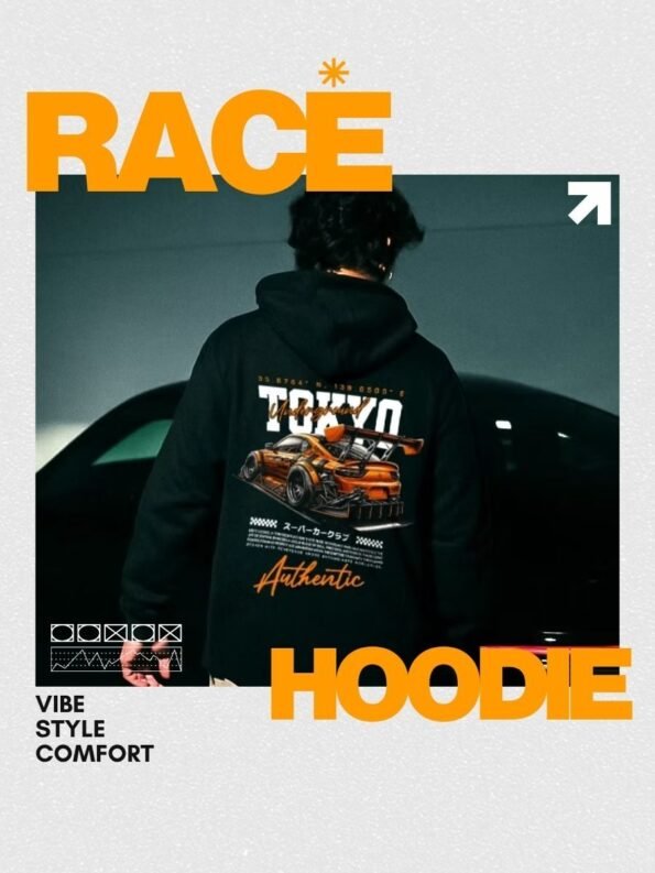 Bonstyl Men's Black Tokyo Racing Graphic Hoodie - Back View Streetwear Fashion