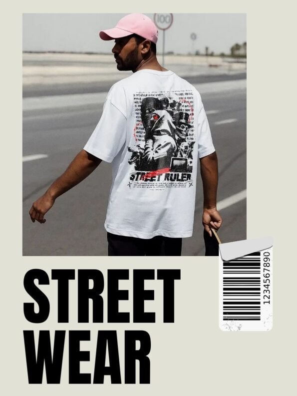 Bonstyl Men's White Oversized T-Shirt - Street Ruler Graphic Back Print with Grunge Art
