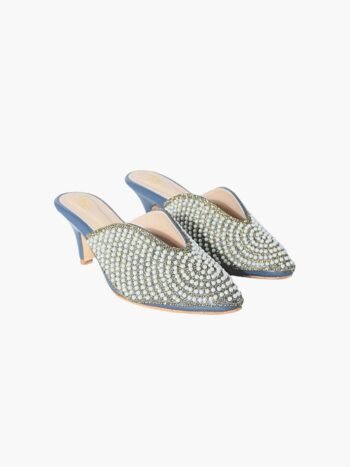 Blue Pearl-Embellished Pointed Mule Heels