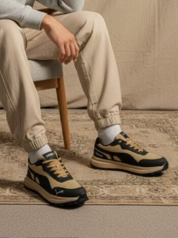 TrailEdge Beige & Black Chunky Sneakers with Rugged Sole