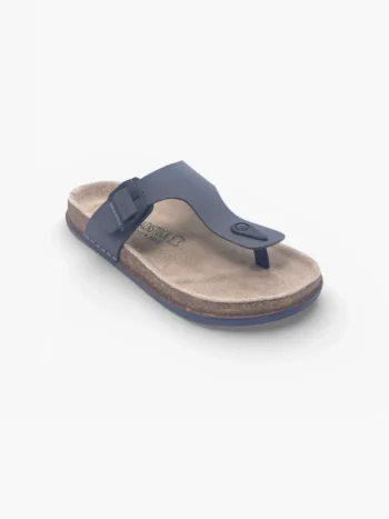 Front three‑quarter view of cork footbed toe post sandals with buckle.