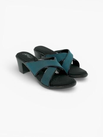Teal Cross-Strap Block Heel Slides